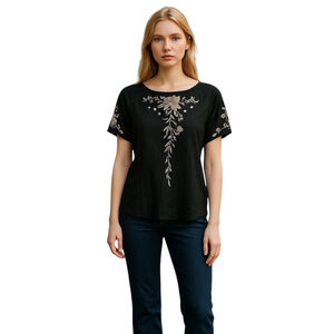 Florea Blouse Womens M Black Floral Embroidered Boho Crinkle Short Sleeve Top